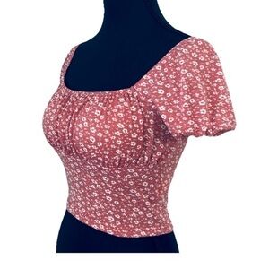 SHEIN Soleia Ditsy Floral Crop Top Ruched Bust Puff Short Sleeve Flowers Size XS